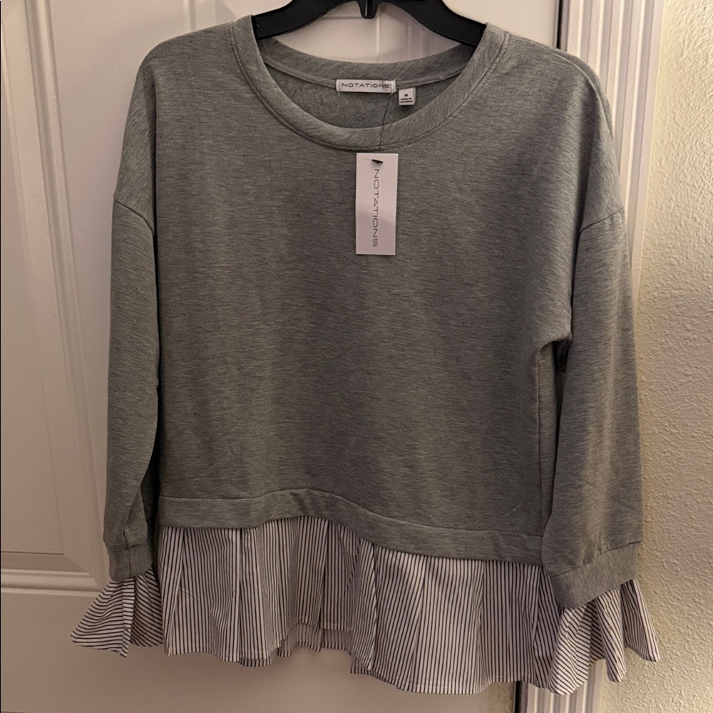 Notations Light Gray Pullover with Striped Ruffle Hem